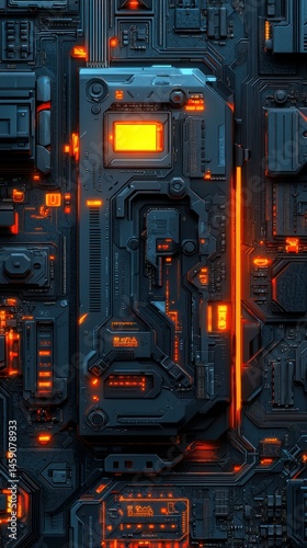 Glowing circuitry, complex tech panel background detail