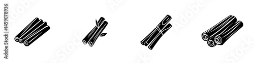 Flat black icons representing bundles of cinnamon sticks in various arrangements for culinary or aromatic purposes