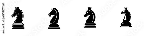 Flat black icons of chess knight pieces displayed in various styles for a minimalist design