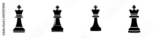 Chess pieces displayed in flat black icon design showcasing multiple angles of a king piece, highlighting its distinctive shape and features