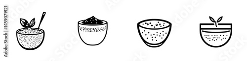 Black icons of various bowls representing ingredients and herbs for culinary use in cooking and food preparation