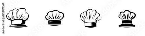 Four distinct flat black chef hats representing various styles and designs in culinary attire