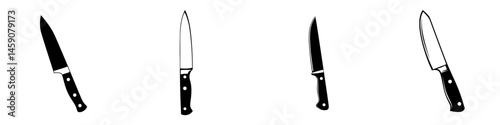 Flat black icons showcasing various knife designs with different blade shapes and handles
