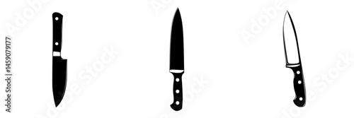 Flat black icons showing three types of kitchen knives in a minimalist style for culinary design and illustration