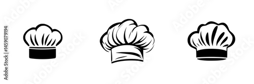Flat black chef hat icons representing culinary art and professional cooking in a minimalist style