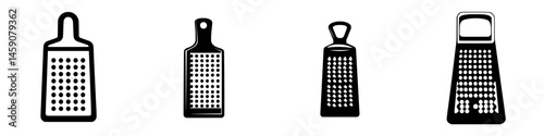 Flat black icons depicting various types of graters useful for cooking and food preparation in the kitchen environment