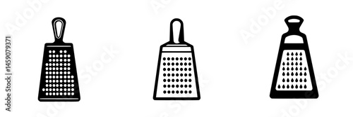 Collection of flat black icons representing different types of kitchen graters in a minimalist style