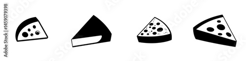 Distinctive flat black icons representing various types of pizza slices with unique toppings and shapes