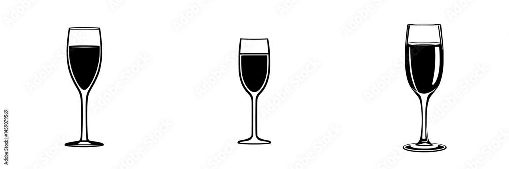Collection of flat black icons depicting different styles of glasses filled with liquid Collection of flat black icons depicting different styles of glasses filled with liquid