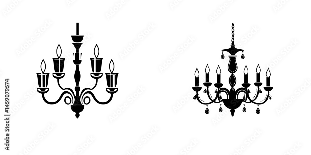 Stylish flat black chandelier icons suitable for various design applications and projects Stylish flat black chandelier icons suitable for various design applications and projects