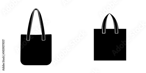 Flat black icons representing a tote bag design with different perspectives emphasizing its structure and style