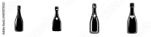 Flat black icons of champagne bottles designed for various digital applications and graphic projects