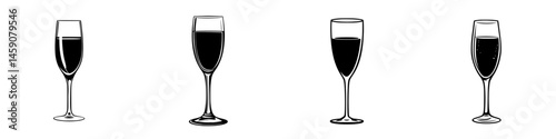 Icon collection of different wine glasses showcasing varying levels of filled content, ideal for beverage design and menus