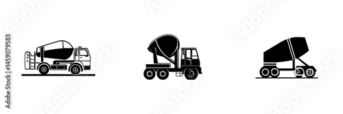 Flat black icons of cement mixers showcasing different styles of concrete transport vehicles