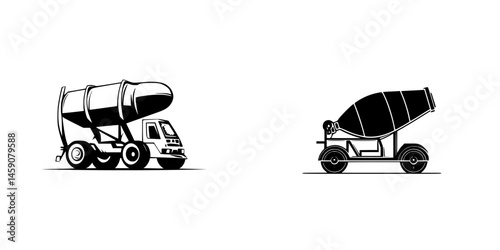 Flat black icons illustrating a concrete mixer truck and a smaller cement mixer on a construction site