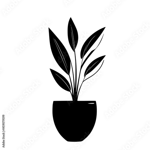 Modern flat black icon depicting a potted plant with curved leaves for minimalist design themes