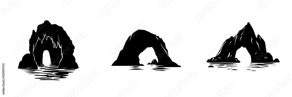Fototapeta premium Iconic black silhouette of natural rock formations over water captured at various angles and styles