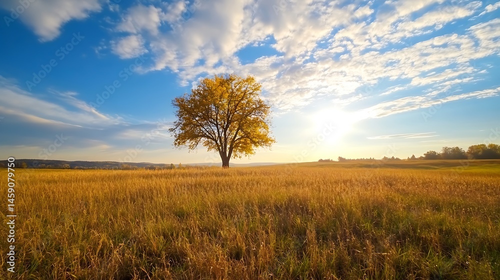 Fototapeta premium Solitary autumn tree in a golden field under a vibrant blue sky with fluffy clouds, bathed in the warm light of the setting sun. : Generative AI