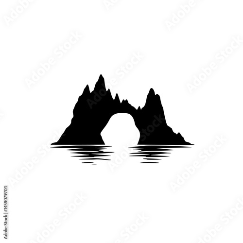 Simple black icon of a rock formation with an arch reflecting in calm water during daylight