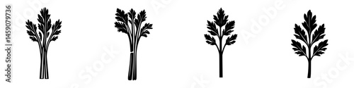 Flat black icon representations of celery stalks in various orientations and details for design and illustration use