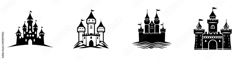 Fototapeta premium Icon collection of black castle designs representing various architectural styles and features for creative projects