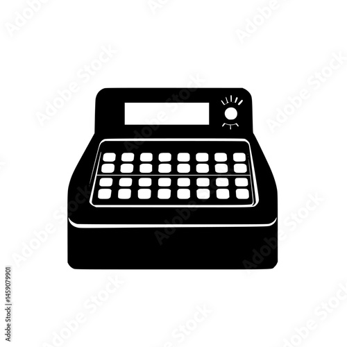 Flat black cash register icon designed for representing payment processing and retail transactions in digital and print media