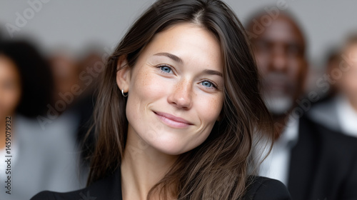 Confident Female Professional Smiling at Business Seminar with Engaged Audience in Background