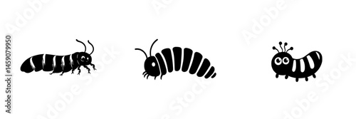 Various flat black insect icons swimming across a white background showcasing different styles and features of larvae or caterpillars