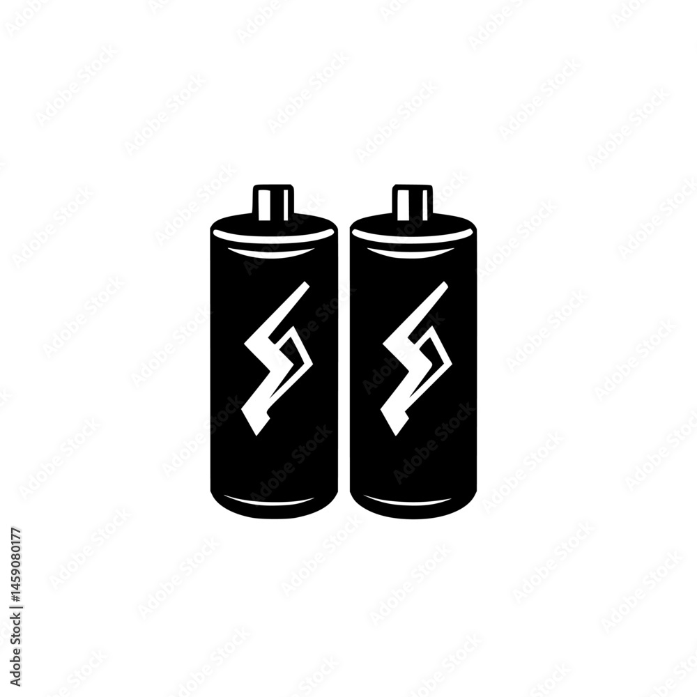 Black icon representing two batteries with a lightning bolt symbol indicating energy or power Black icon representing two batteries with a lightning bolt symbol indicating energy or power