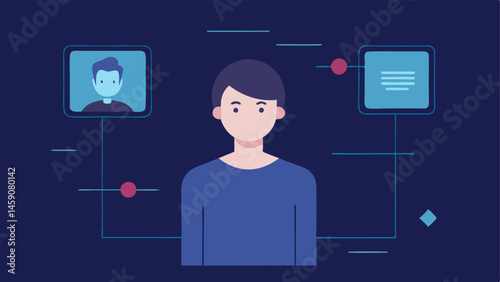 Face ID Activation A user standing in front of a device with a facial recognition camera as a holographic screen overlays their face representing identity verification with visual