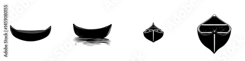 Flat black icon collection of various boat silhouettes on water with reflections and different angles for design and illustration use
