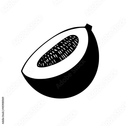 Flat black icon of a halved fruit showcasing smooth exterior and textured interior, perfect for minimalistic design projects