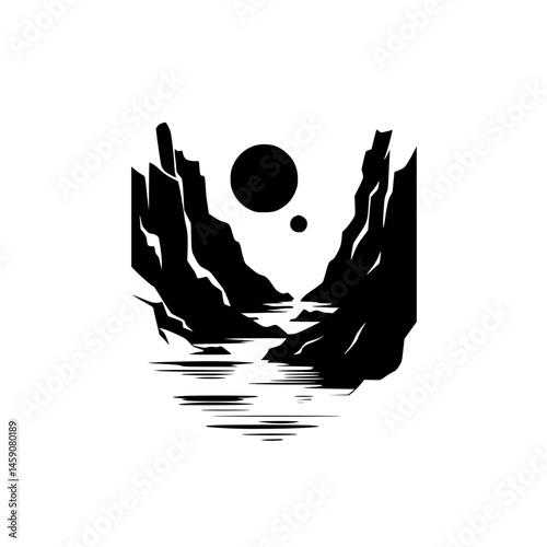 Flat black icon depicting a serene landscape with mountains, water, and celestial bodies in a bold minimalist design