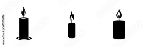 Flat black icon of candle designs illustrating different sizes and heights for use in minimalistic design projects