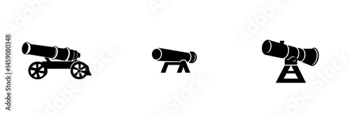 Three distinct flat black icons representing historical cannons with varied designs and stand types