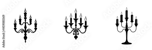 Elegant flat black candelabra icons in various designs showcasing intricate decorations and candle arrangements