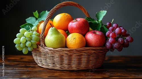 Colorful fruit basket on wooden table