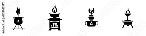 Various flat black icons representing different types of cooking stoves with flames indicating heat sources