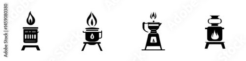 Collection of flat black cooking icons representing various heating appliances used for food preparation