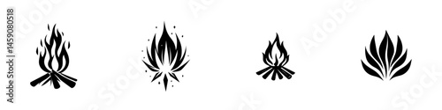 Various styles of flat black campfire icons for outdoor and adventure themes