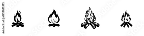 Variety of flat black campfire icons showcasing different designs for outdoor activities and adventures