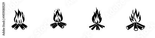 Campfire flames in flat black icon design representing warmth and outdoor gatherings during evenings