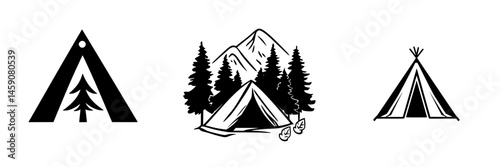 Flat black camping icons featuring tent designs, forest elements, and mountain scenery suitable for outdoor or adventure themes