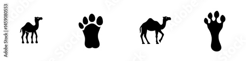 Flat black icons depicting a camel and paw print symbols