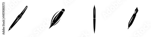 Flat black icon depicting various types of pens, showcasing their distinct features and designs in a minimalist style