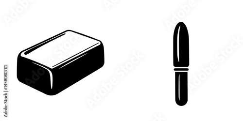 Black icon representing a bar of soap and a knife, showcasing minimalist design for everyday objects