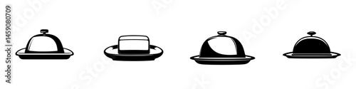 Flat black icon set representing various cloches and serving trays in a minimalist style for catering or dining