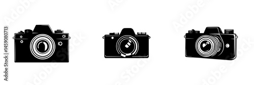 Flat black icons of vintage cameras designed for creative projects and digital applications