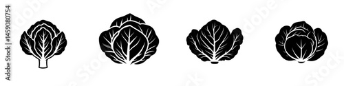 Flat black icons of different varieties of cabbage shown from various angles on a plain background
