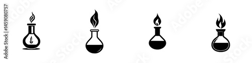 Flat black icons representing laboratory flasks with flames symbolizing chemical reactions in a science context